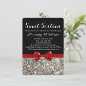 Fancy Rood Zilver Glitter Sweet 16 Feestuitnodigin Kaart (Staand voorkant)