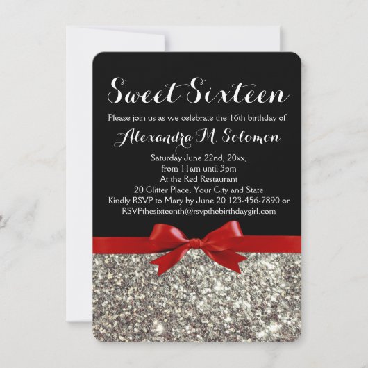 Fancy Rood Zilver Glitter Sweet 16 Feestuitnodigin Kaart (Voorkant)