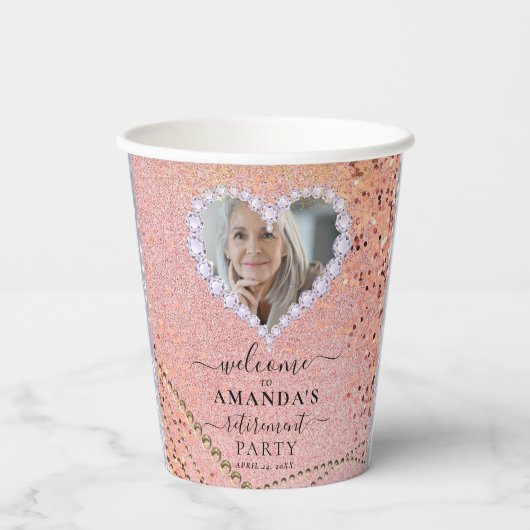 Fancy Roos Gold Sparkly Custom Photo Retirement Papieren Bekers (Achterkant)