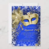 Fancy Royal Blue Gold Glitter Masquerade Party Kaart (Voorkant)