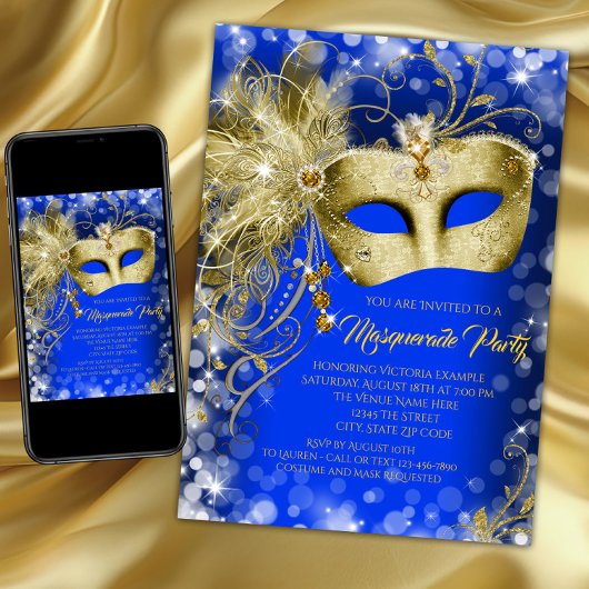 Fancy Royal Blue Gold Glitter Masquerade Party Kaart