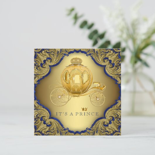 Fancy Royal Blue Gold Glitter Prince Baby shower Kaart (Staand voorkant)