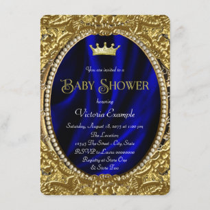 Fancy Royal Blue & Gold Prince Baby shower Kaart