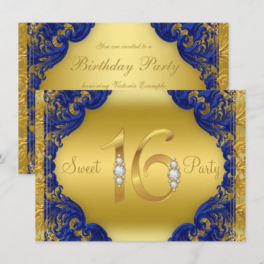Fancy Royal Blue Gold Sweet 16 verjaardagsfeestje Kaart (Voorkant / Achterkant)