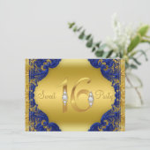 Fancy Royal Blue Gold Sweet 16 verjaardagsfeestje Kaart (Staand voorkant)