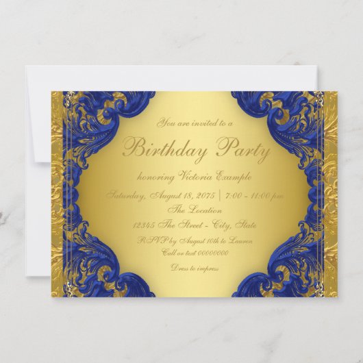 Fancy Royal Blue Gold Sweet 16 verjaardagsfeestje Kaart (Achterkant)