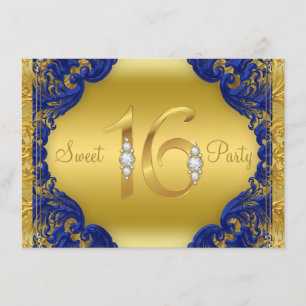 Fancy Royal Blue Gold Sweet 16 verjaardagsfeestje Kaart