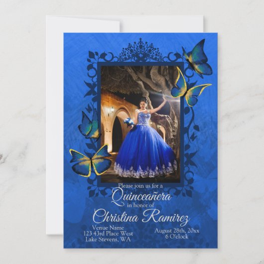 Fancy Royal Blue, gouden vlinder Quinceanera Kaart (Voorkant)