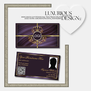 Fancy Royal Paarse Gouden Kroon Logo Foto QR-code Visitekaartje