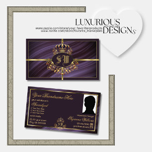 Fancy Royal Paarse Gouden Kroon met Monogram Foto Visitekaartje