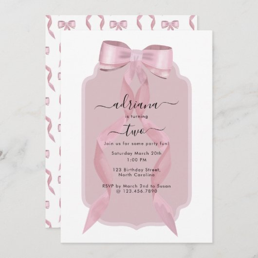 Fancy Roze Bow Girly Coquette Verjaardagsuitnodigi Kaart (Voorkant / Achterkant)