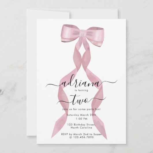 Fancy Roze Bow Girly Kids Verjaardagsuitnodiging Kaart (Voorkant)