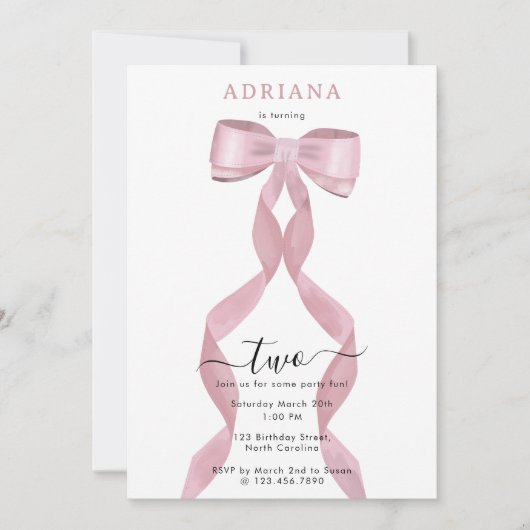 Fancy Roze Bow Girly Kids Verjaardagsuitnodiging Kaart (Voorkant)