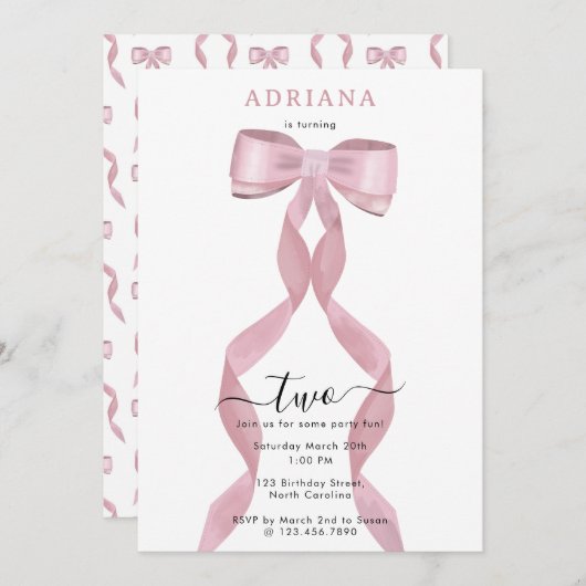 Fancy Roze Bow Girly Kids Verjaardagsuitnodiging Kaart (Voorkant / Achterkant)