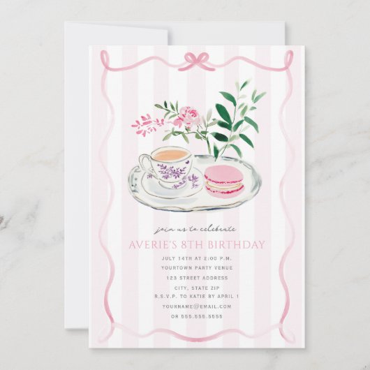 Fancy Roze Bow Macaron Tea Party Coquette Verjaard Kaart (Voorkant)