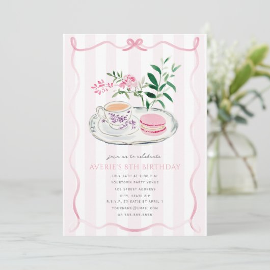 Fancy Roze Bow Macaron Tea Party Coquette Verjaard Kaart (Staand voorkant)