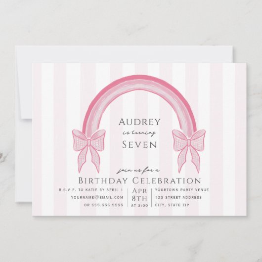 Fancy Roze Bow Regenboog Meisjes Verjaardagsfeest Kaart (Voorkant)