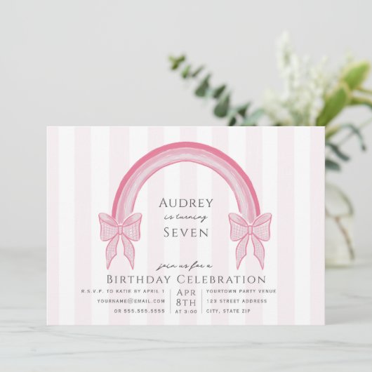 Fancy Roze Bow Regenboog Meisjes Verjaardagsfeest Kaart (Staand voorkant)