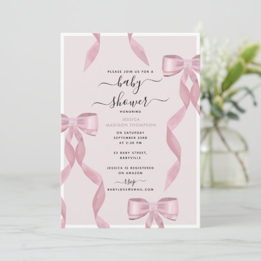 Fancy Roze Bow Theme Girly Baby shower Kaart (Staand voorkant)