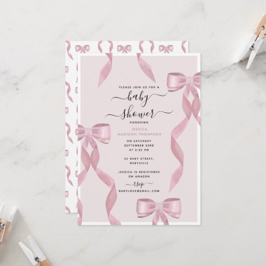 Fancy Roze Bow Theme Girly Baby shower Kaart (Voorkant / Achterkant in situ)