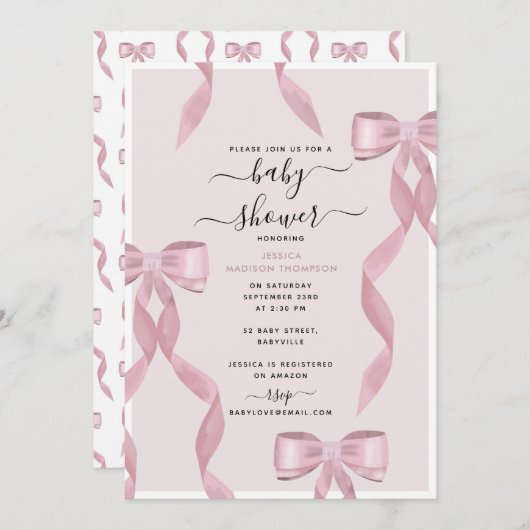 Fancy Roze Bow Theme Girly Baby shower Kaart (Voorkant / Achterkant)