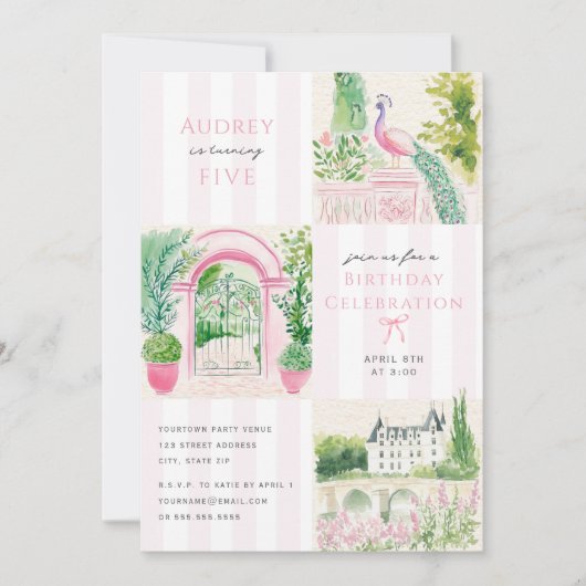 Fancy Roze Chateau Stripe Verjaardagsfeest Kaart (Voorkant)