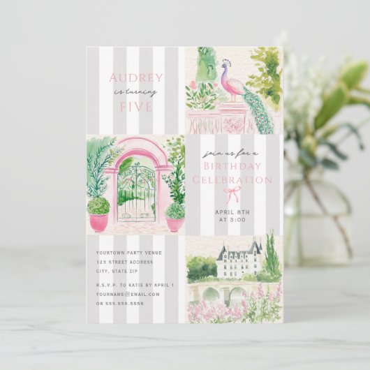 Fancy Roze Chateau Stripe Verjaardagsfeest Kaart (Staand voorkant)