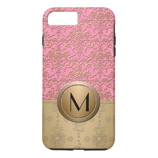 Fancy roze en gouden monogram damastpatroon Case-Mate iPhone case (Achterkant)