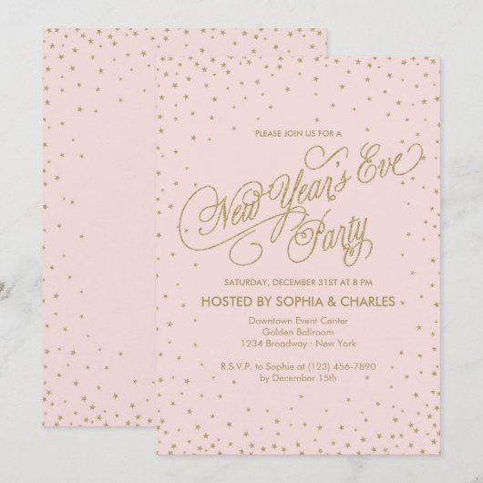 Fancy roze en gouden sterren nieuwjaarsfeest kaart (Voorkant / Achterkant)