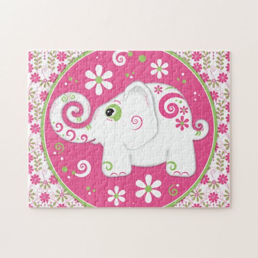 Fancy roze en groene olifant en bloemenpuzzel legpuzzel (Horizontaal)