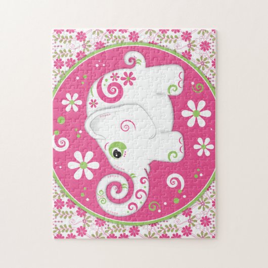 Fancy roze en groene olifant en bloemenpuzzel legpuzzel (Verticaal)
