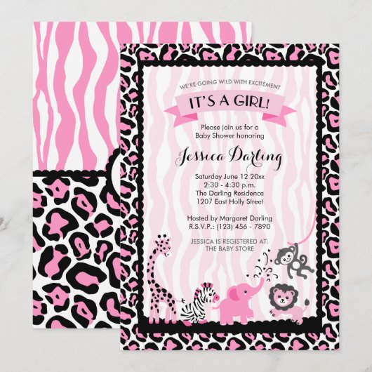 Fancy roze en zwart Safari Baby shower Kaart (Voorkant / Achterkant)