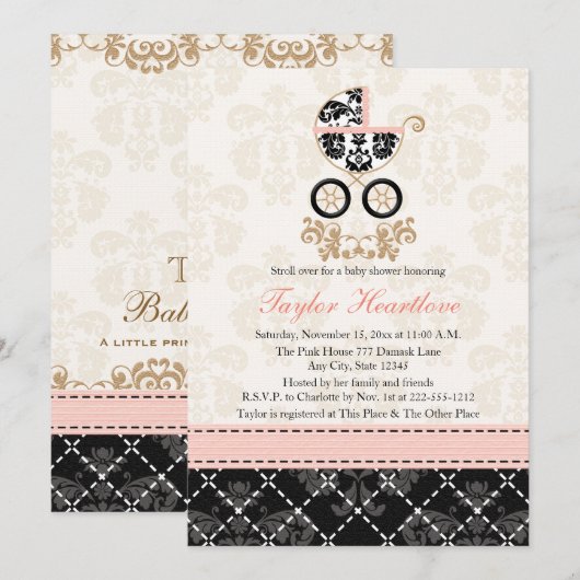 Fancy roze en zwart-wit Baby shower voor het vervo Kaart (Voorkant / Achterkant)