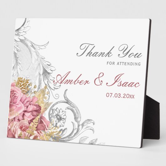 Fancy roze Floral bruiloft Bedankt Tafel Fotoplaat (Zijkant)