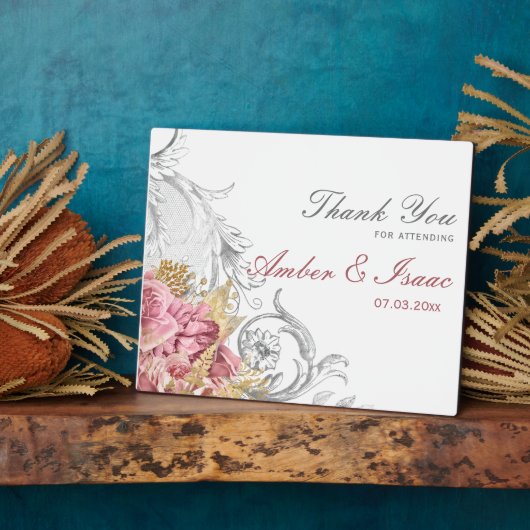 Fancy roze Floral bruiloft Bedankt Tafel Fotoplaat (Zijkant)