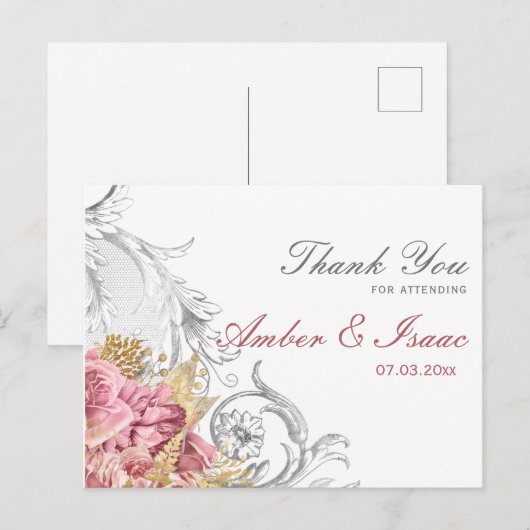 Fancy roze Floral bruiloft Dank je Briefkaart (Voorkant / Achterkant)