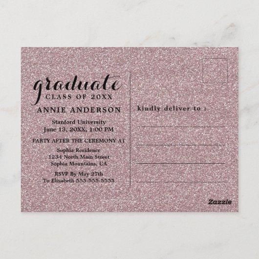 Fancy Roze Glitter 3 Foto Afstuderen Uitnodiging (Achterkant)