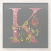Fancy roze glitter Letter K Glazen Onderzetter (Voorkant)