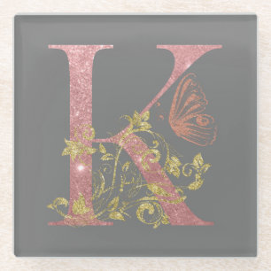 Fancy roze glitter Letter K Glazen Onderzetter