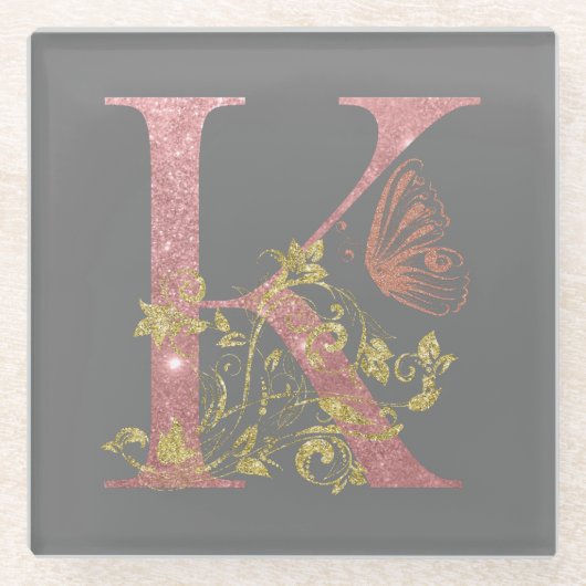 Fancy roze glitter Letter K Glazen Onderzetter (Voorkant)