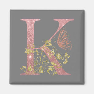 Fancy roze glitter Letter K Magneet