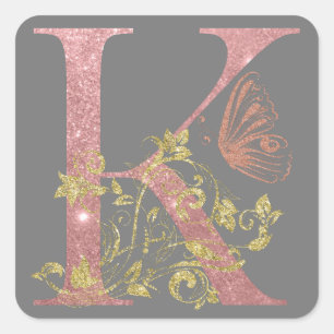 Fancy roze glitter Letter K Vierkante Sticker