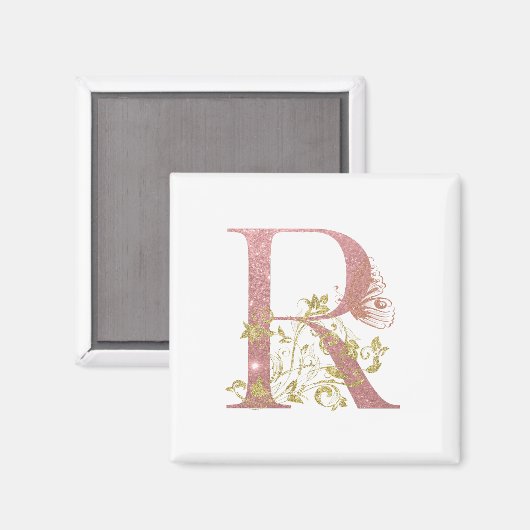 Fancy roze glitter letter R Magneet (Voorkant / Achterkant)