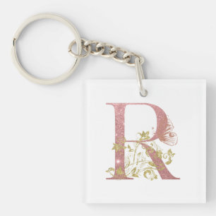 Fancy roze glitter letter R Sleutelhanger