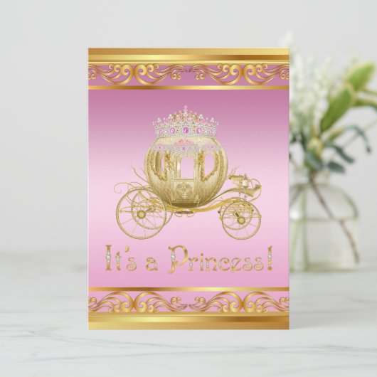 Fancy roze gouden prinses babyshower uitnodigingen (Staand voorkant)