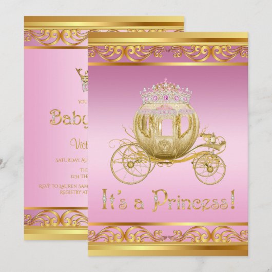 Fancy roze gouden prinses babyshower uitnodigingen (Voorkant / Achterkant)