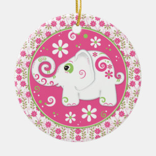 Fancy Roze Groene Olifant en Bloemen Ornament