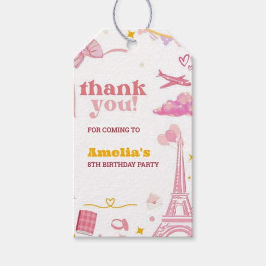 Fancy Roze Parijse Verjaardag Party Bedankt Favori Cadeaulabel (Voorkant)