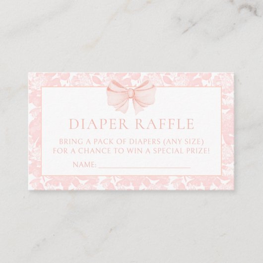 Fancy roze strik baby meisje douche luier loterij informatiekaartje (Voorkant)