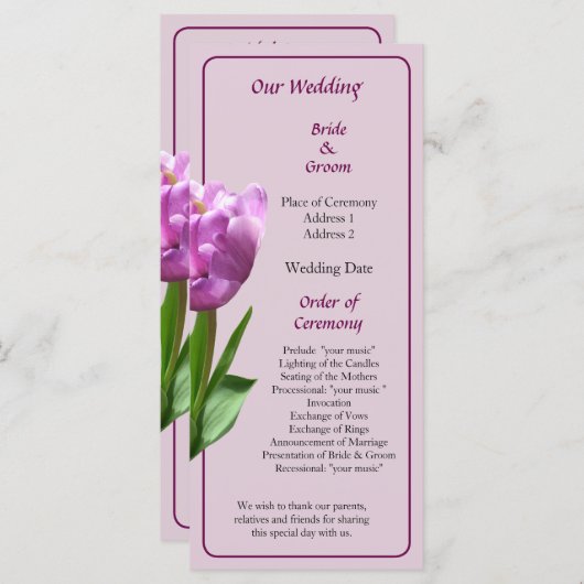 Fancy-roze tulpweddenschap programmakaart (Voorkant / Achterkant)